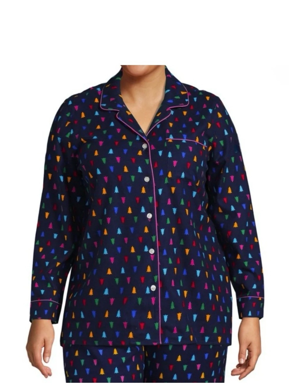 Lands' End Navy Multicolor Tree-Print Long-Sleeve Pajama top medium 10 12 NWT
